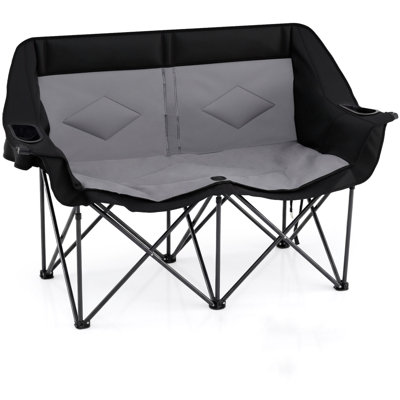 Chaise de camping double pliante robuste pour 2 personnes avec support à haut dossier rembourré, porte-gobelets intégrés, supports en verre anti-éclaboussures et poches de rangement en filet respirant