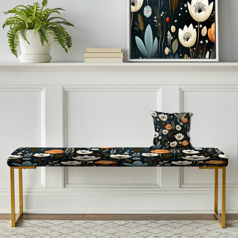 Floral Upholstered Gold Bench,  Whimsical Bohemian Bliss Floral Pattern III