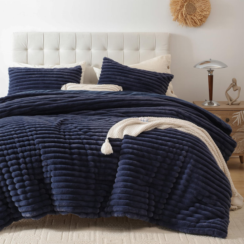Fluffy Comforter Set 3 Pieces- All Seasons Heavy Faux Fur Comforter With Two Pillowcases, Navy