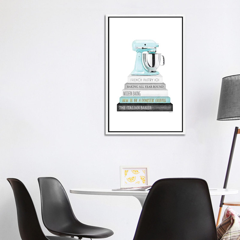 Baking Bookstack With Teal Mixer by Amanda Greenwood - Painting on Canvas, White Framed Canvas, 66.04 cm H x 45.72 cm W