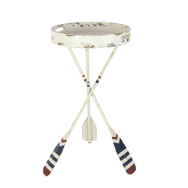 White Metal Ship Wheel Top Accent Table with Paddle Legs