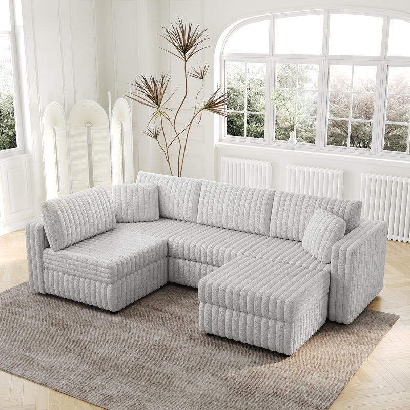 Canapé modulaire rembourré en U avec repose-pieds Laneah, Microfibre gris clair