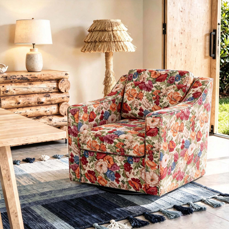 Fauteuil pivotant rembourré à dossier large et large Bronnen, Floral beige