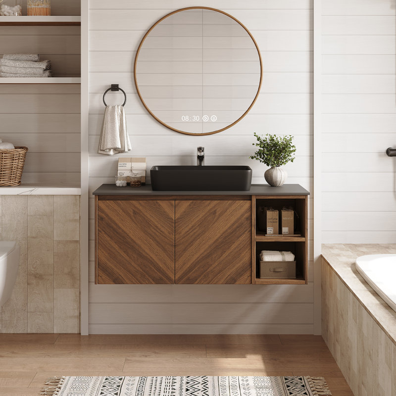 36" Modern Single Bathroom Vanity With Sink, Floating Vanites With Sintered Stone Table Top, Dark Wood, Matte Black/Grey