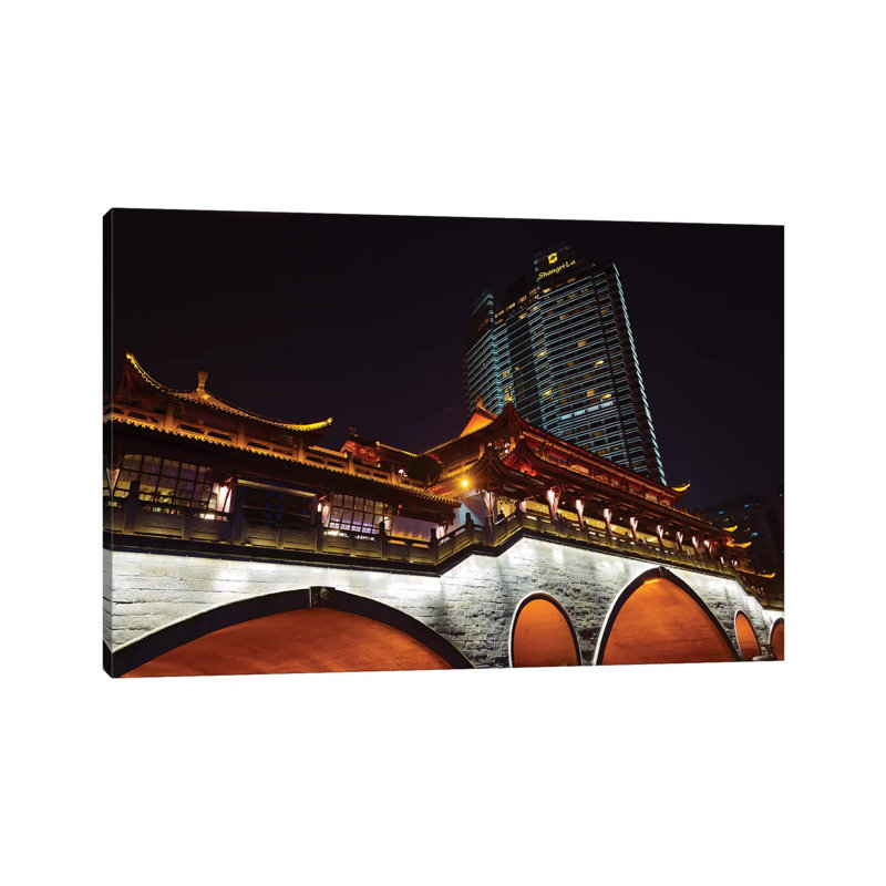 Night View Of Anshun Bridge With Modern High-rise, Chengdu, Sichuan Province, China by Keren Su - Wrapped Canvas Gallery-Wrapped Canvas Giclée