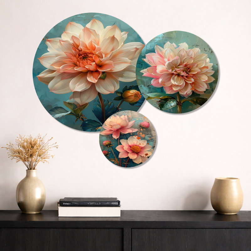 «Dahlia collage» rose et bleu rétro, ensemble de 3 reproductions d'art mural en métal Dahlia