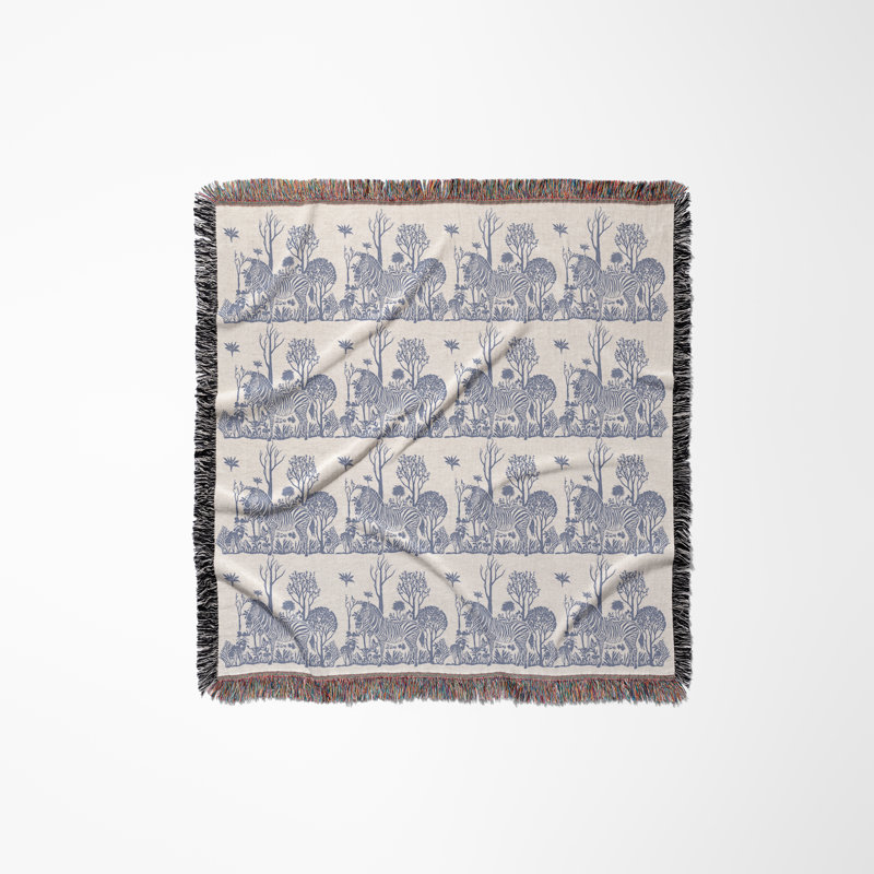 Jeté en mélange de coton Zia Zebra, L 60 po x l 60 po, Bleu / Blanc cassé