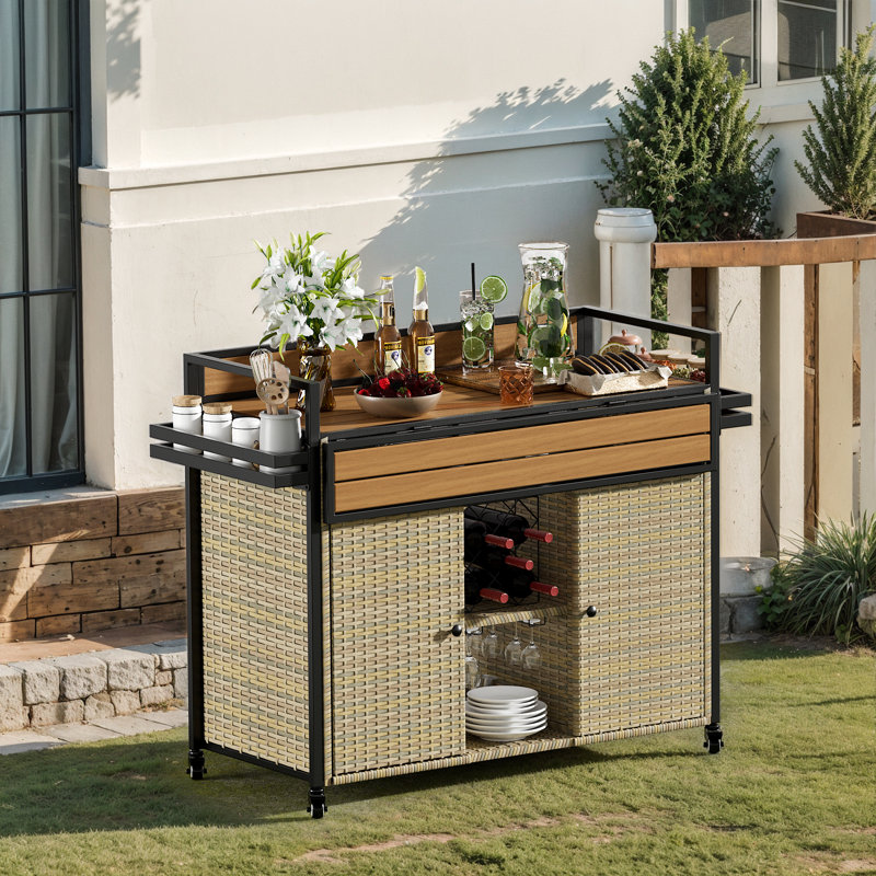 Outdoor Wicker Bar Cart with Storage & Extendable Top - Rolling Kitchen Island for Patio, Backyard, and Entertaining