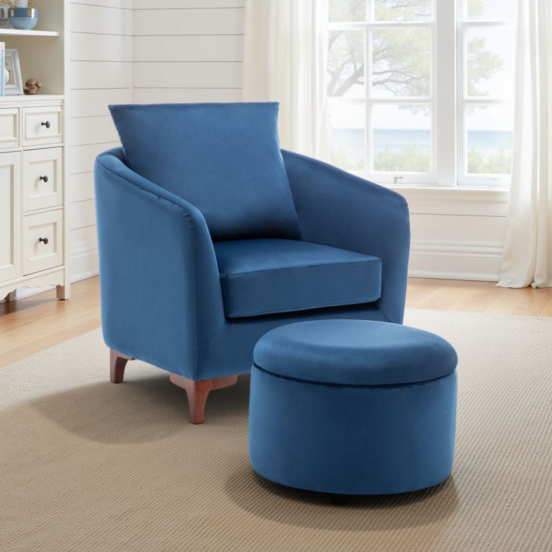 Upholstered Barrel Chair with Footstool, Blue Velvet