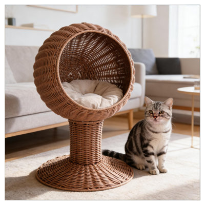 Lit surélevé pour chat avec structure en acier, méridienne en polyester et polypropylène brun