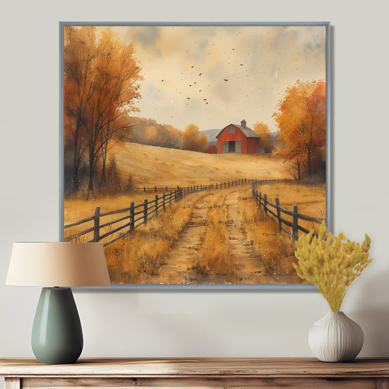 Décoration de grange rouge et jaune «Autumn Country Delight», Toile argentée avec cadre flottant