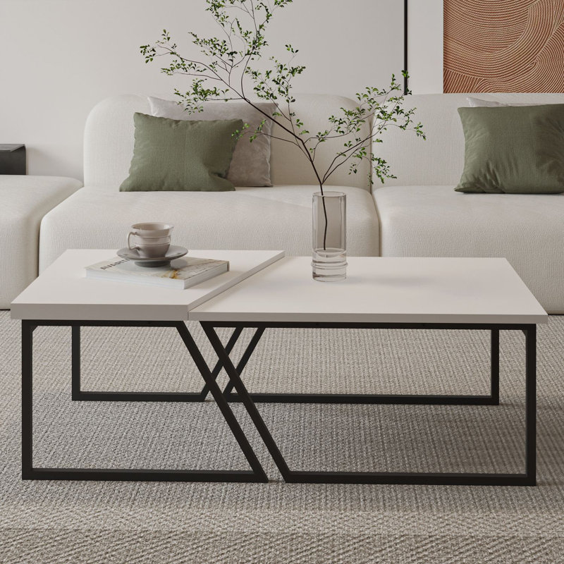 Modern Coffee Table Set (2 Pieces), White, 47.2 x 23.6 x 15.2 inches & 31.5 x 23.6 x 15.9 inches | 100% Melamine Coated Particle Board, Thickness: 0.7 inches | Stylish Black Metal Legs, Perfect for Contemporary Living Rooms