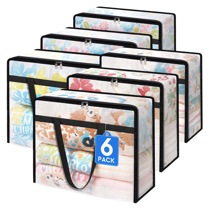 6 Pack Clear Storage Bags For Clothes, Bedding, And Comforters With Zipper, Handles, Closet And Under Bed Organizer 40L