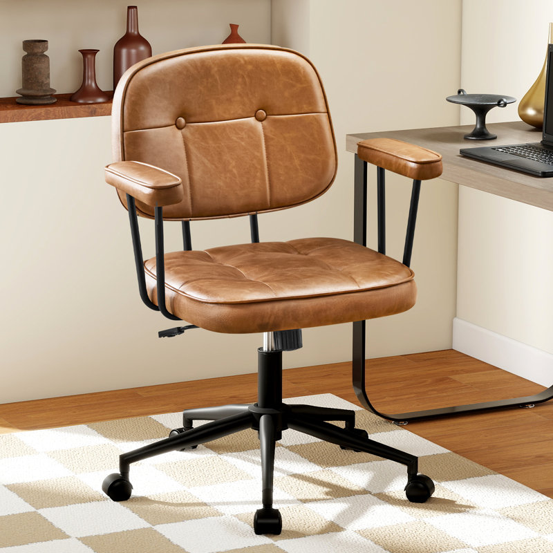 Ergonomic Swivel Home Office Chair, Faux Leather Arm Task Chair with Low Back,Rocking Function., Brown
