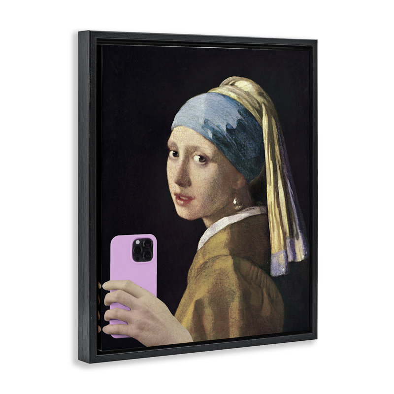 Cadre flottant fille avec téléphone, design par Master Redux, Cadre flottant noir de jais, H 21 po x l 17 po