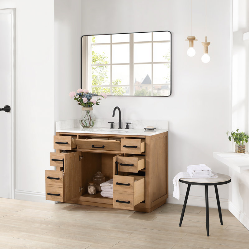 Ensemble simple meuble-lavabo Gavino 48 po avec miroir, Marron clair, Noir mat