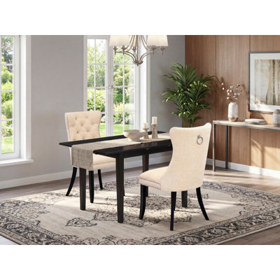 3-Piece Dining Set Includes a Rectangle Kitchen Table with Butterfly Leaf and 2 Light Beige Polyester Fabric Chairs, 32x54 Inch, Black