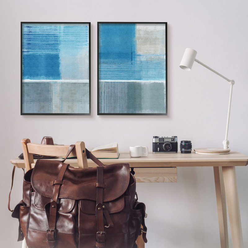 «Blue Rustic Abstraction», impression sur bois 2 pièces, Giclée encadrée noir minuit, H 30 po x l 48 po x P 1,5 po