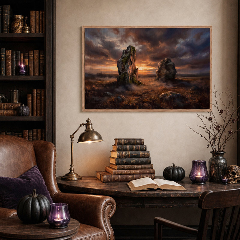 Art mural sur toile Mossy Rock Formations Under Dramatic Sunset Sky, H 32 po x l 48 po