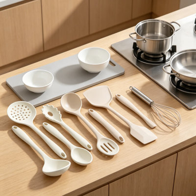 Kitchen Cooking Utensils Set, 10 Pcs Silicone Non Toxic Heat Resistant Nonstick Cookware Friendly Utensil Set with Reinforced Core and Ergonomic Handles