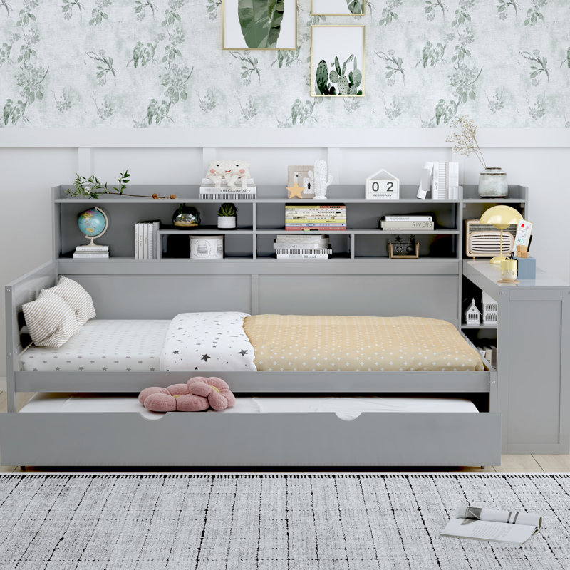 Full Size Wooden Daybed With Gray Finish, Featuring Trundle Bed, Study Desk And Storage For Bedroom Space Optimization Strategies Management