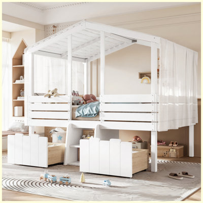 Full Size White House Loft Bed with Stairs, 2 Storage Drawers, House Roof, Farmhouse Style