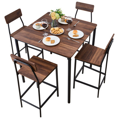 Bar Table, 5PCS 35″ Bars Tables Set, Bar Tables and Chair Set with Rounded Edge Design, Square Pub Table with Four Stools for Living Room, Dining Room, Kitchen, Walnut Color, Black