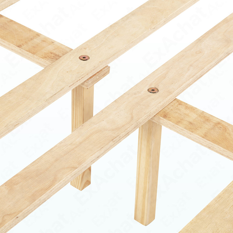 Grand lit en bois de pin avec tête de lit tapissier et pied de lit à panneau, avec deux pieds de support de rail de lit et pieds de support de plateforme centrale, noyer