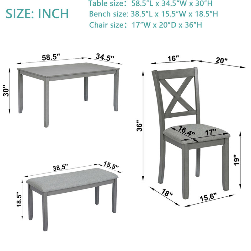 Table de salle à manger rectangulaire grise en bois 6 avec 4 chaises et banc, assemblage facile pour la maison et la cuisine 6 sièges gris