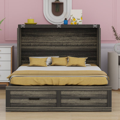 Armoire lit escamotable Murphy avec station de charge, lit plateforme pliable multifonctionnel avec 1 grand tiroir de rangement