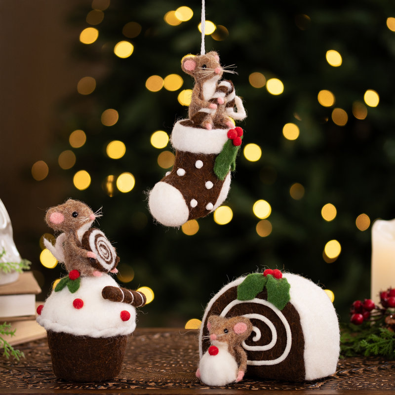 Souris avec gâteau et bonbons décorations de Noël - 7 po - brun et blanc - ensemble de 3
