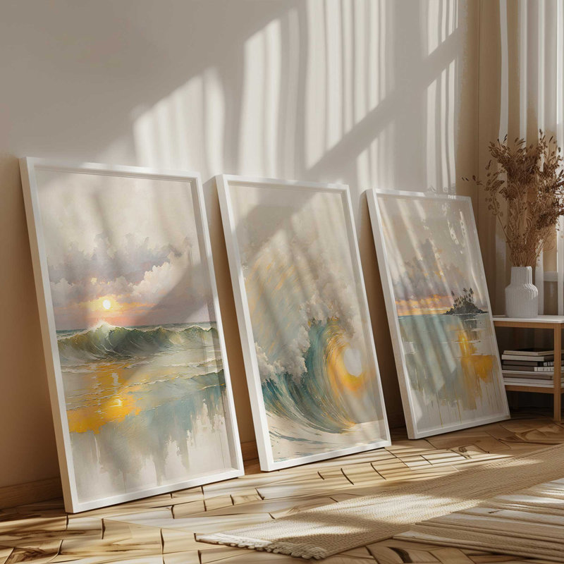 Golden Waves at Sunset, ensemble de 3 impressions dans un cadre, Érable brut encadré, H 25,5 po x l 37,5 po x P 1,25 po