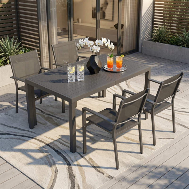 Ensemble de salle à manger 5 pièces toutes saisons gris, table rectangulaire robuste en aluminium HDPS à 4 places et chaises en métal textilène pour le patio