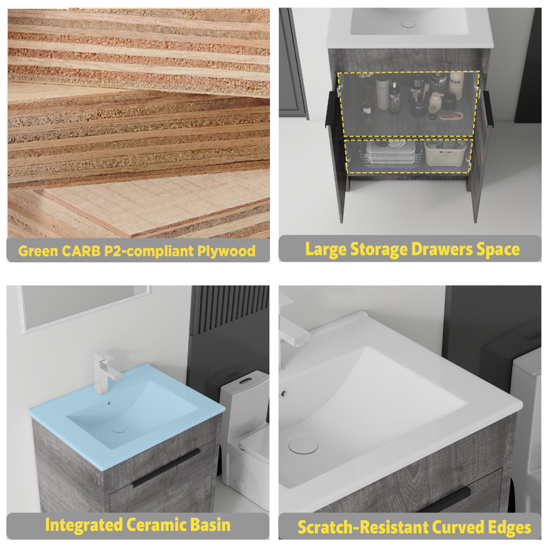 Meuble-lavabo autoportant de 24 po avec lavabo en céramique, portes à fermeture douce, armoire de rangement robuste en contreplaqué, gris