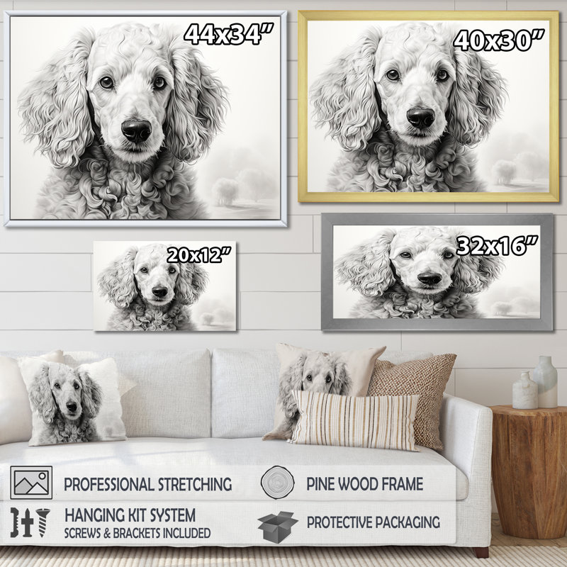 Caniche Pizazz sur toile, H 24 po x l 32 po x P 1 po, Cadre flottant noir