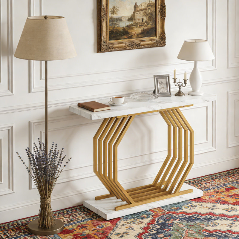 Canapé d'appoint Faux Marble Console, Blanc et or