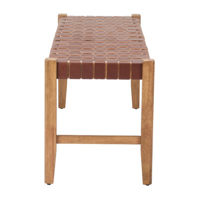 Gracie Mills 48-Inch Brown and Natural Genuine Leather and Solid Wood Bench