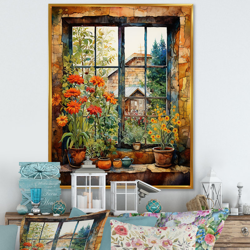 «Brown Farmhouse Window Blooms In Summer I», art mural fenêtres de ferme, Cadre flottant doré, H 32 po x l 24 po x P 1 po