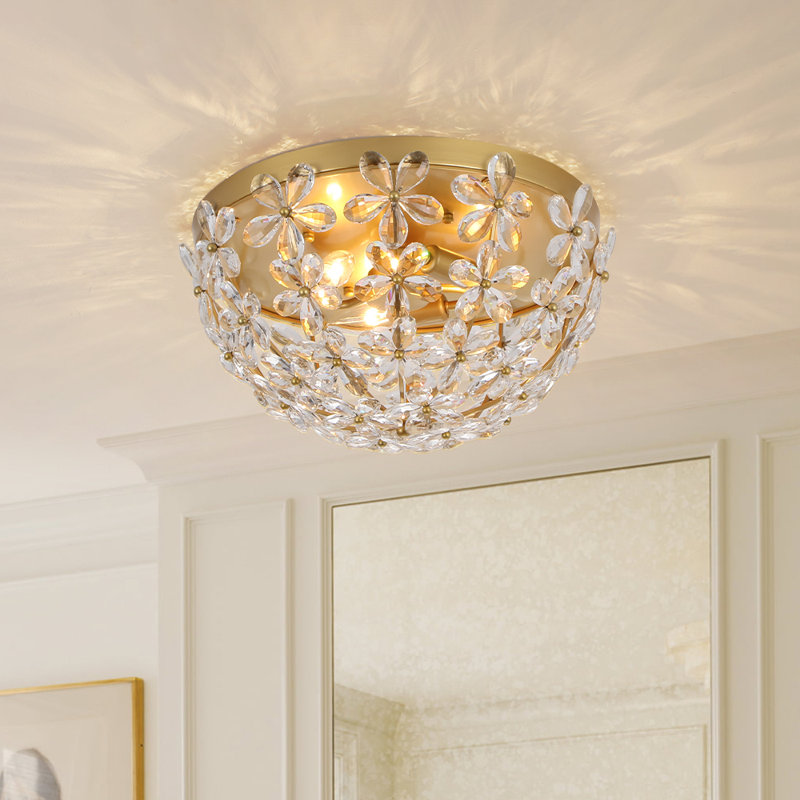 Brass Floral Crystal Flush Mount Ceiling Light with Three Lights