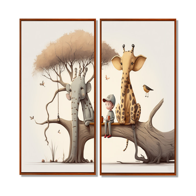 Giraffe And Elephant With Kids - Cream Canvas Prints, 32" H x 32" W, Impression encadrée flottante, Brown