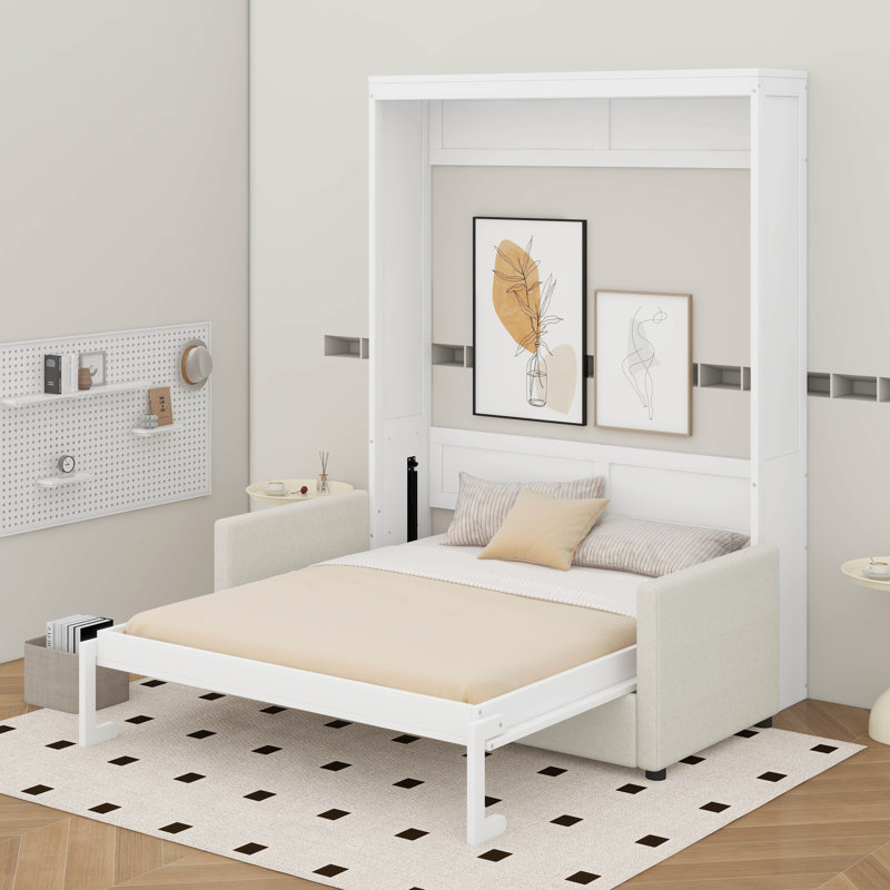 Lit escamotable double pleine grandeur avec coussin, Double, Blanc
