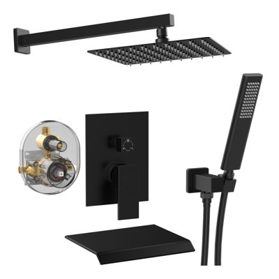 Male Npt Shower Faucet Set, 10" Waterfall Rain Head, Handheld Spray, Wall Mount Tub Spout, Valve Trim, Matte Black