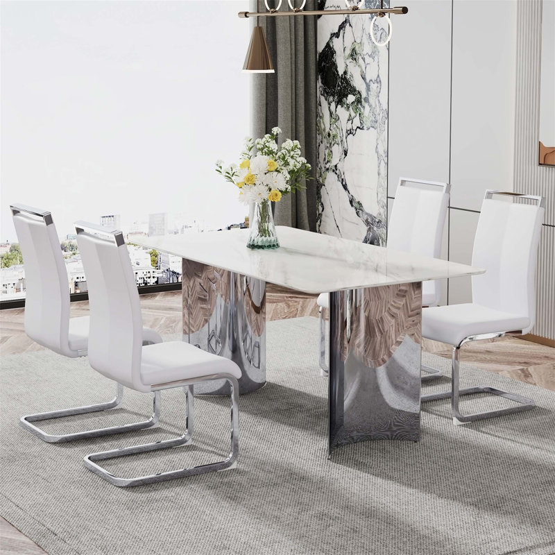 5 Pieces Dining Table Sets, White/Silver