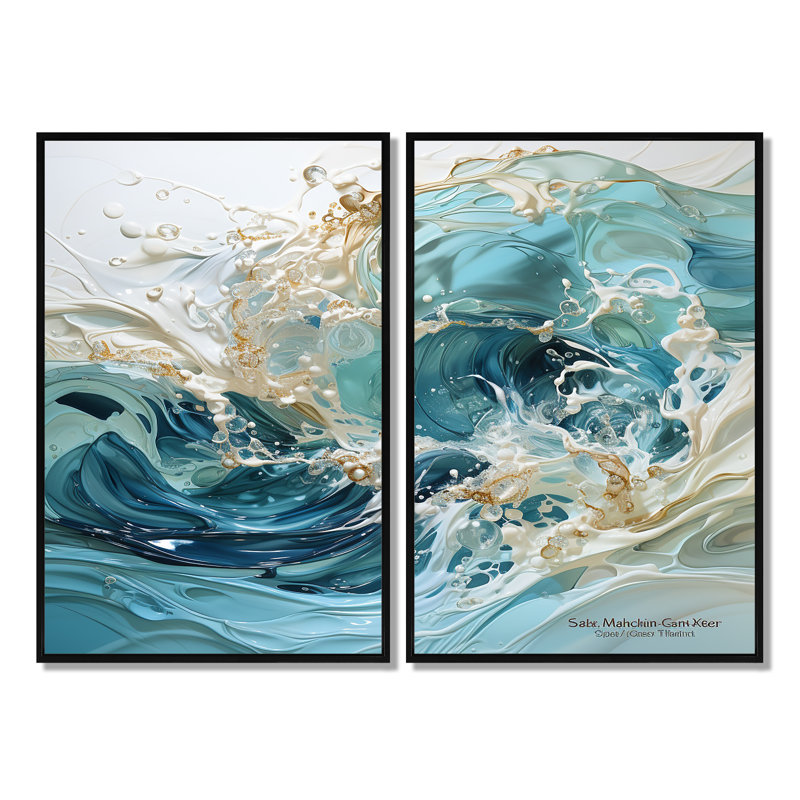 Décoration murale océan vague liquide - Turquoise, H 36 po x l 48 po, Impression encadrée flottante, Noir