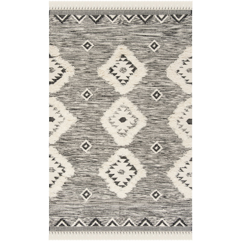 Alimatou Hand Knotted Wool/Cotton Southwestern Rug in Black/Ivory, Rectangle 3' x 5'