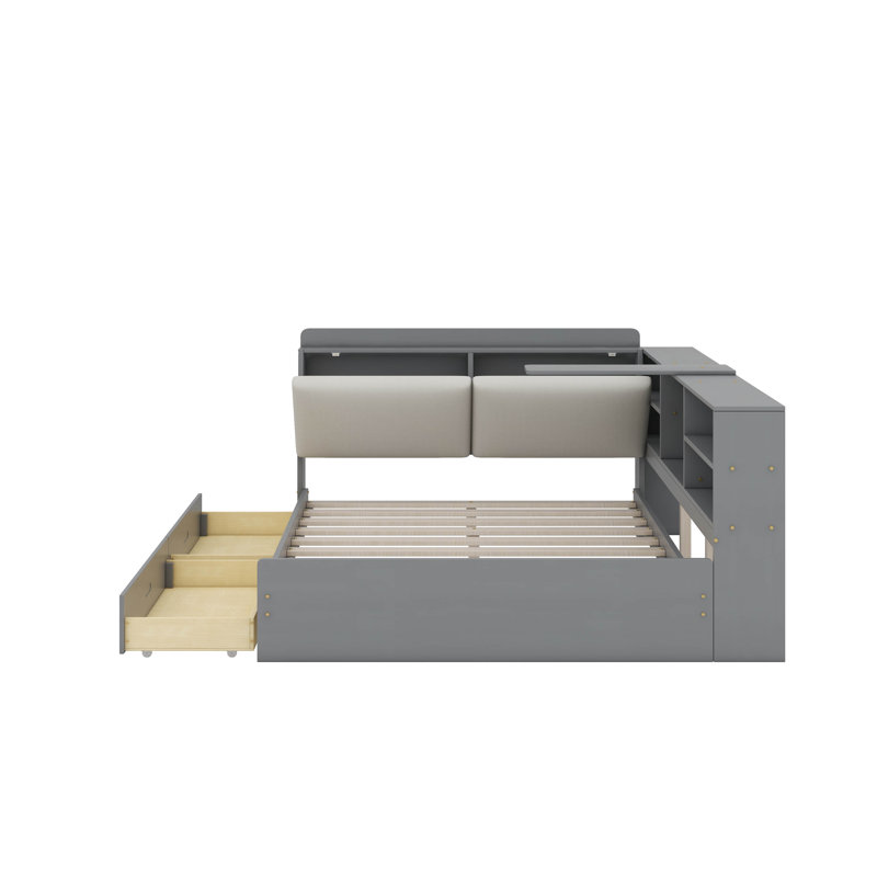 Lit plateforme double avec tête de lit, tiroirs et tablettes, gris