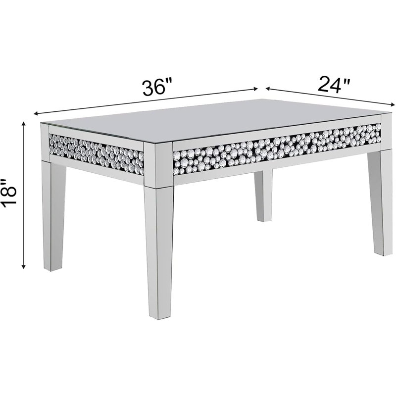 Silver Mirrored Rectangular Coffee Table with Crystal Diamond Inlay
