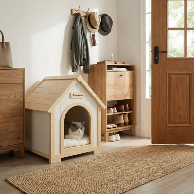 Niche pour chien moderne en bois avec coussin en EVA - Maison en cèdre massif pour petits chiens et chats