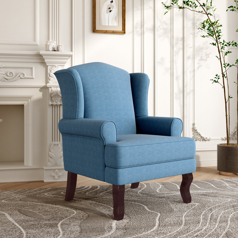Duward Sky Blue Linen Upholstered Wingback Accent Chair with Rolled Arm and Solid Wood Leg, Sky Blue Linen