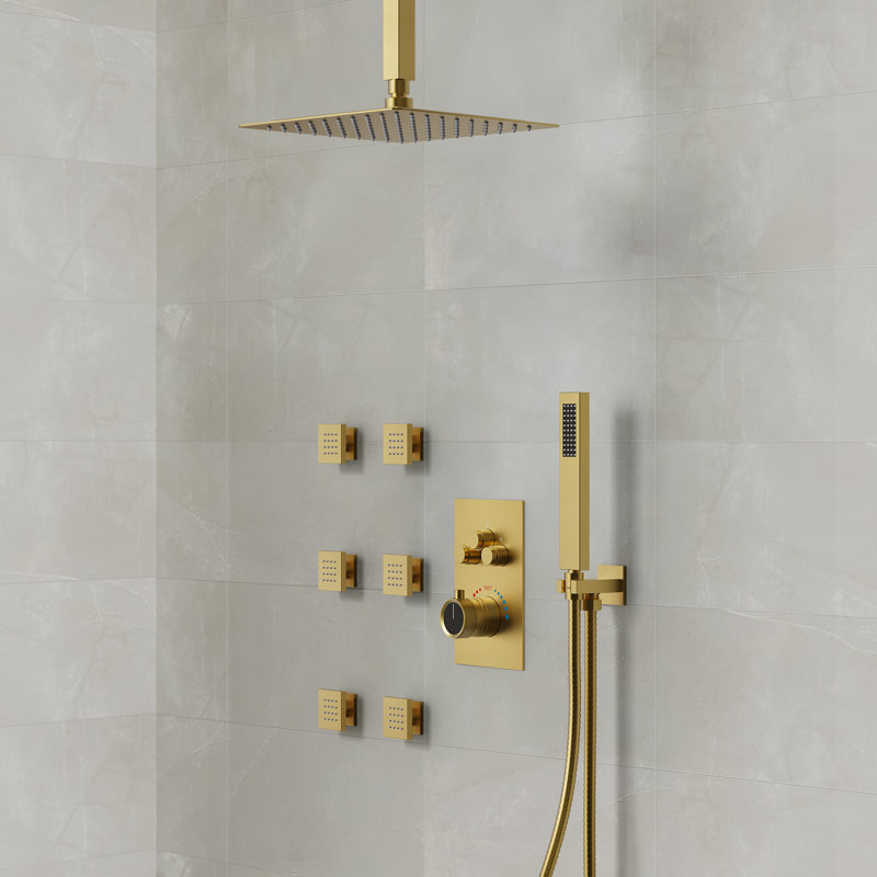 Système de douche thermostatique de plafond, robinet de douche à haute pression avec douche à main, Or brossé